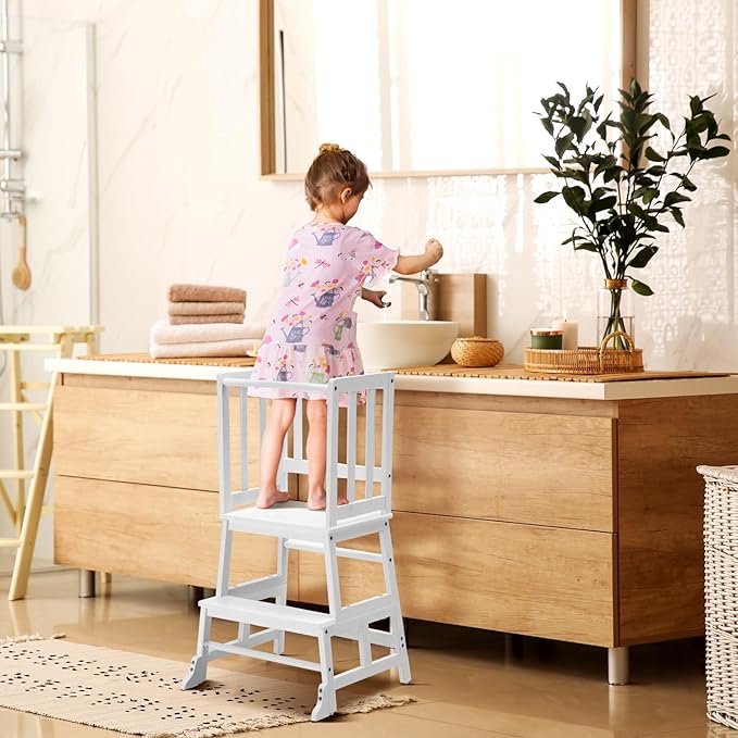 COSYLAND Toddler Standing Tower with Stabilizing Legs - Bamboo Kids Kitchen Step Stool for Learning Cooking (White)