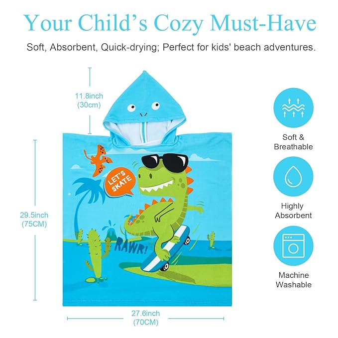 PINNKKU PINNKU Dinosaur Beach Towel with Hood for 2-10 Years, Soft Absorbent Hooded Bath Towels for Boys Girls, Toddler Pool Swim