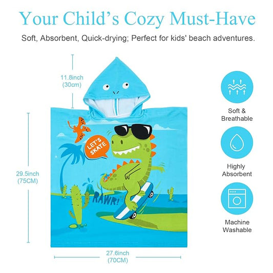 PINNKKU PINNKU Dinosaur Beach Towel with Hood for 2-10 Years, Soft Absorbent Hooded Bath Towels for Boys Girls, Toddler Pool Swim