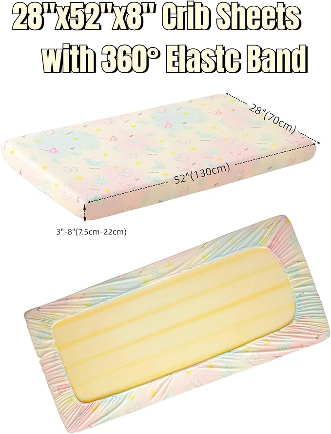 Jersey Butterfly Crib Sheets for Baby Girls,52”x28”x8, 2 Pack,Pink Cute Kawaii Standard Oval/Retangle Fitted Crib Sheets for Toddler,Super Soft Breathable