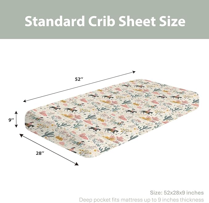 Western Cowgirl Cactus Baby Crib Sheets for Boy Girl 28"x52" Retro Cowgirl Horse Trees Leaves Soft Stretchy Fitted Crib Mattress Cover Wild West Baby Sheet for Standard Crib and Toddler Mattress