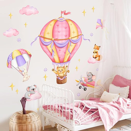 Tanlaby Pink Hot Air Balloon Wall Stickers Jungle Animals Fox Leopard Elephant Wall Decals Peel and Stick Art Decor for Baby Nursery Kids Bedroom Playroom Daycare Classroom