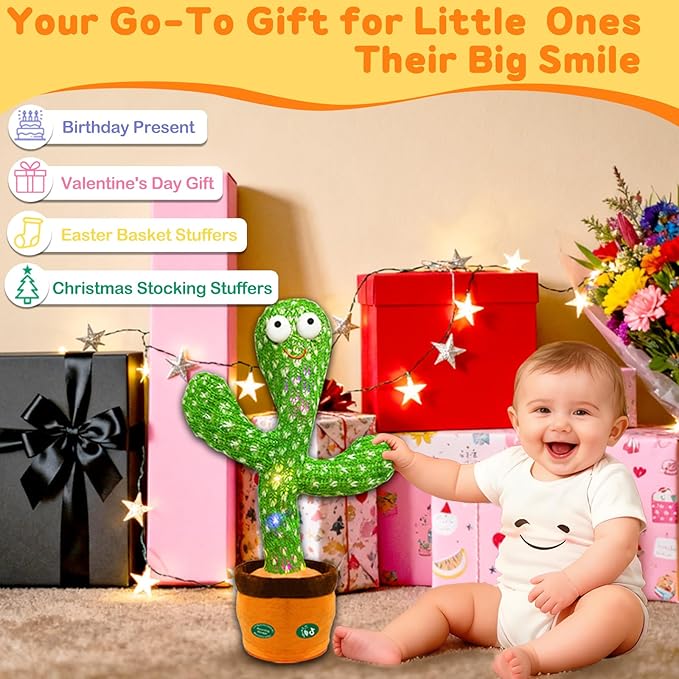 Christmas Dancing Talking Cactus Toy Mimics Back, Cactus Baby Toy Singing Mimicking Repeating Recording, Silly Sunny The Cactus Gift Yarn Bag Wrapped with 3xAA Battery (Volume Adjustment)