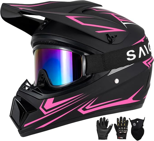 Youth Kids Motocross Helmet, Adult ATV Dirt Bike Helmet with Goggles Gloves & Mask Quick, Full Face Motorcycle Helmet with Quick Release Buckle DOT Certified