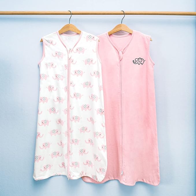 TILLYOU 2 Pack Infant Sleep Sack 0-6 Months 100% Cotton Wearable Blanket 0.5 TOG Sleeveless Summer Sleep Sacks with 2-Way Zipper, Pink Elephant