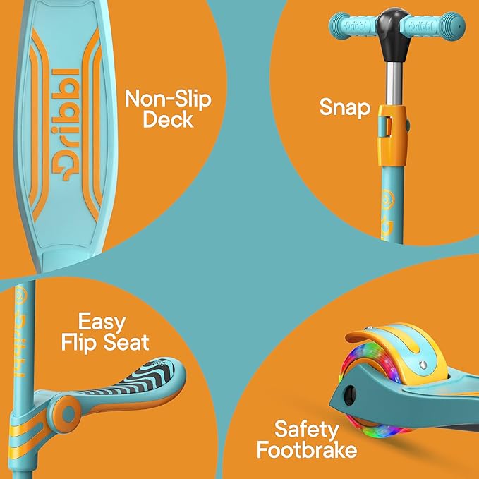 Aqua Orange 3 Wheel Scooter with Seat for Kids, Light-Up Wheels, Adjustable Lean to Steer Handlebar and Seat, Smooth Wheels, Wide No-Slip Deck, Rear Foot Brake, Toddler Outdoor Toys for Ages 2+
