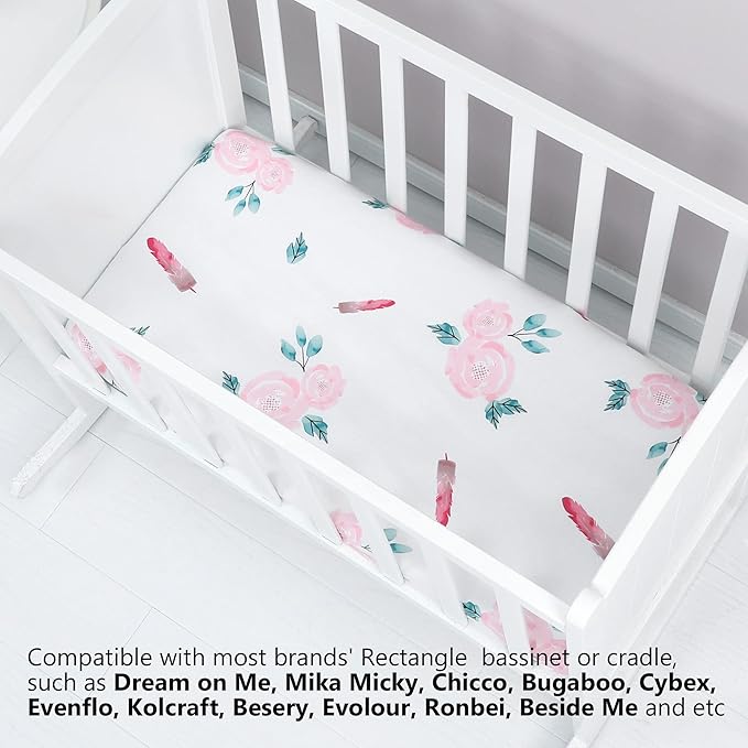 TILLYOU Baby Bassinet Sheets for Girls Boys, Fit for Hourglass Oval Rectangle Bassinet Mattress Sheets, 33”X16”, 2 Pack Floral Flowers