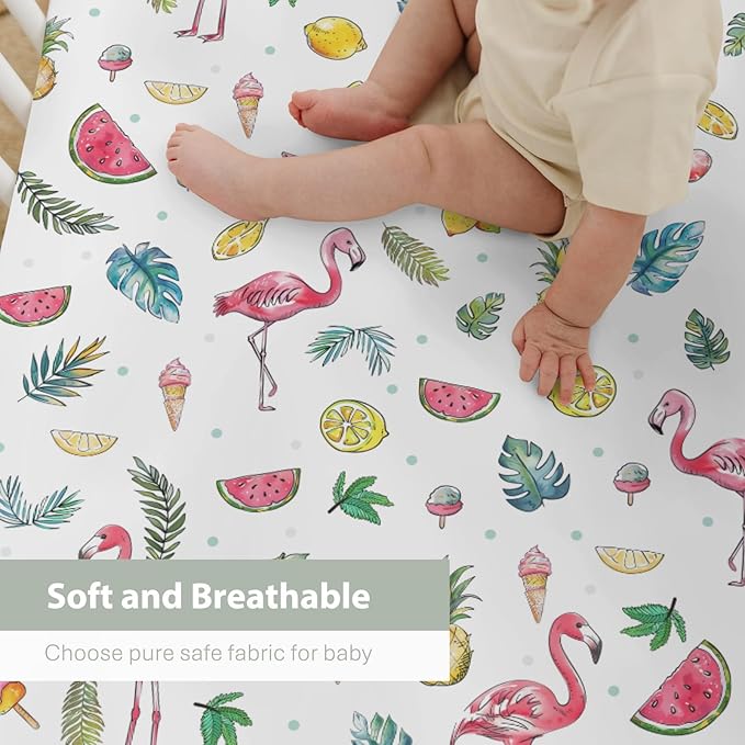 Pink Flamingo Tropical Flowers Leaves Baby Crib Sheets for Boy Girl 28"x52" Summer Birds Fruits Soft Snug Fitted Crib Mattress Cover Beach Vacation Baby Sheet for Standard Crib & Toddler Bed Mattress