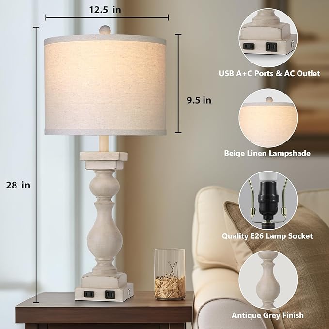 MOUVOVO 28" Tall Farmhouse Table Lamps Set of 2 with USB C+A Ports and AC Outlet, 3 Way Touch Tall Rustic Bedside Lamps for Living Room, Cream Vintage Lamps for Bedroom