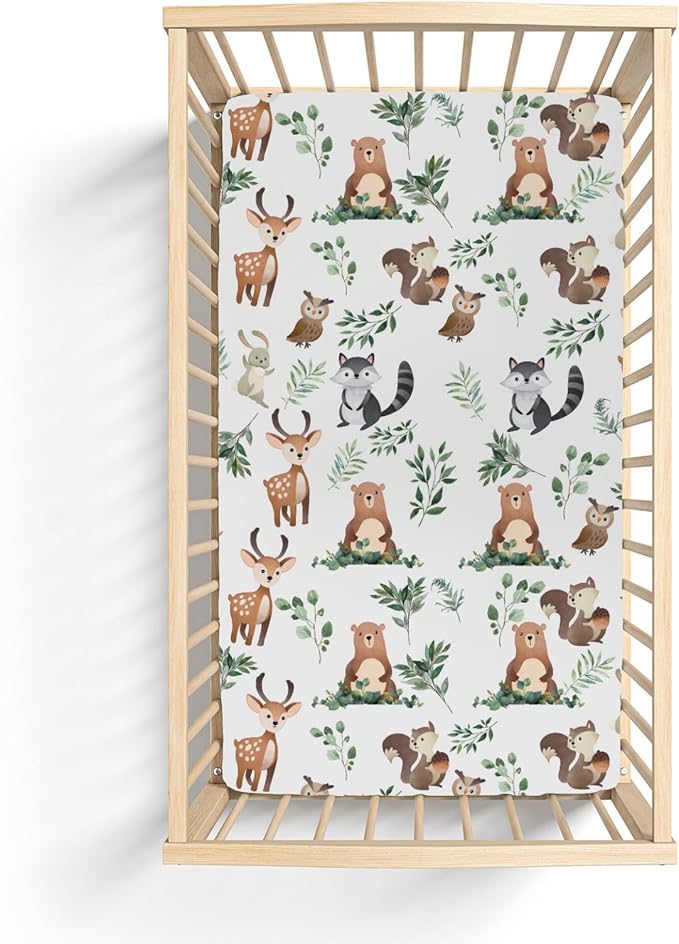 Cute Animals Green Leaves Baby Crib Sheets for Boy Girl 52"x28" Bear Deer Squirrel Bunny Owl Soft Snug Fitted Crib Mattress Cover Wild Animals Nursery Baby Sheet for Crib & Toddler Bed Mattresses