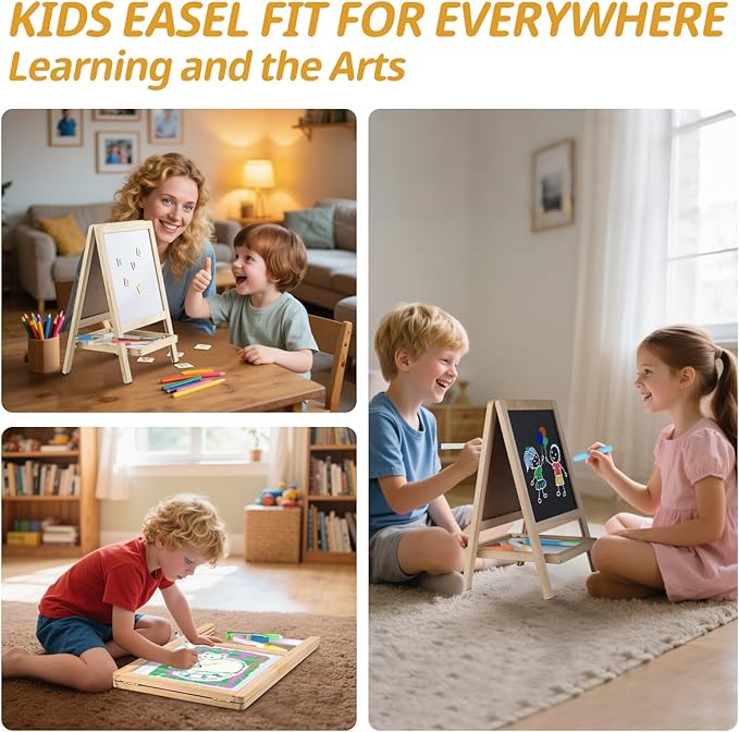 Tabletop Painting Wooden Art Easel for Kids - 4-in-1 Double-Sided Drawing Board for Toddlers 2-4, Chalkboard & Dry Whiteboard with Markers, Eraser, Magnetic Letters/Numbers & Flashcards