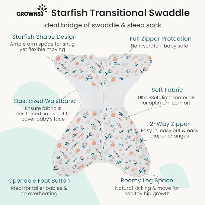 GROWNSY Transitional Swaddle Sleep Sack 6-12 Months,Starfish Design Baby Swaddle Sack, Dual-Zipper for Easy Diaper Changes, Proper Hip Development & Openable Foot Button, 19-27 lbs, Spring Garden
