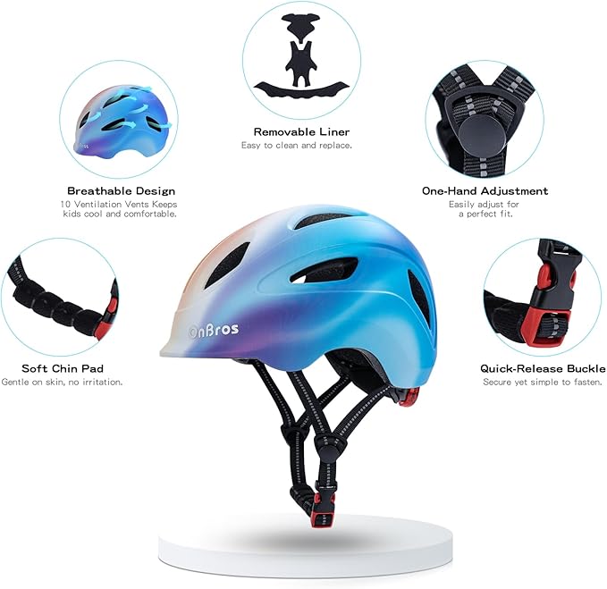 Kids Bike Helmet, OnBros Kid Bicycle Helmet for Girls and Boys with Light Lightweight Kids Helmets Certified Toddler Helmets for Kids 3-5-8-10 Age (46-50-55 cm)
