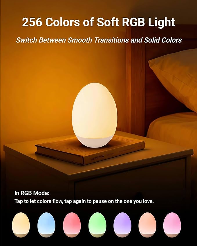 NAWIQI Egg Baby Night Light for Nursery & Breastfeeding – Portable Touch Light with 7 RGB Colors, Stepless Dimming, Rechargeable, BPA-Free Soft Silicone, Compact Lamp for Kids & Newborns