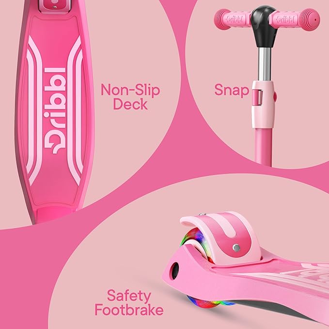 Dribbl 3-Wheel Kids Scooter - Lean-to-Steer Technology, Adjustable Height Handlebar, Wide Anti-Slip Deck, Scooter for Boys & Girls Ages 3+, Child Safety Approved, Support Riders Up to 165 lbs, Pink