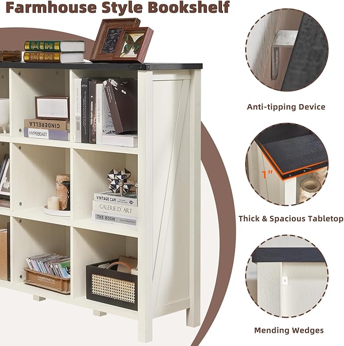 Joaxswe 9 Cube Bookcase, Farmhouse 47 Inch Wide White Bookshelf, Wooden 3 Tier Display Large Open Book Shelf, Vintage Horizontal Book Case for Home Office, Cubby Storage Cabinet for Living Room