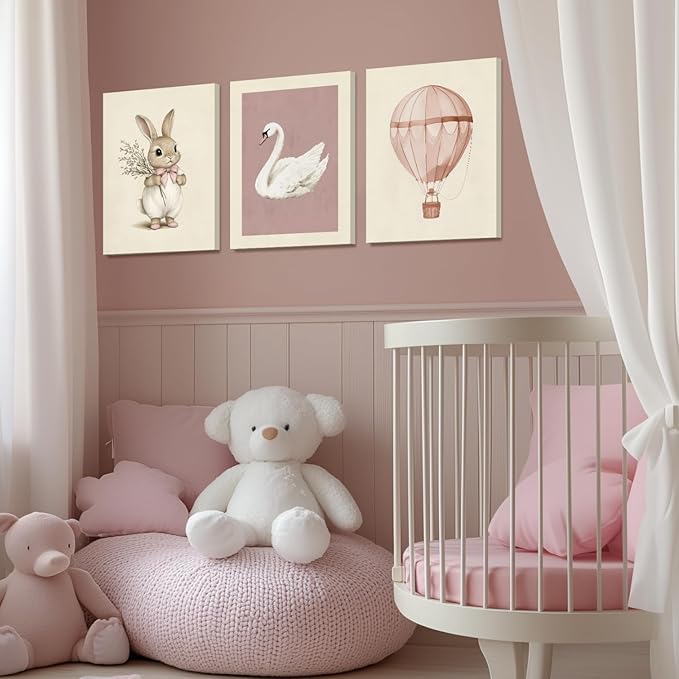 Hianan Pink Baby Girl Nursery Wall Decor Cute Bunny Wall Art Cozy Rabbit Canvas Artwork Elegant Swan Poster Prints Vintage Hot Air Balloon Painting Prints for Kid's Room Baby Room Framed 16"x24"x3