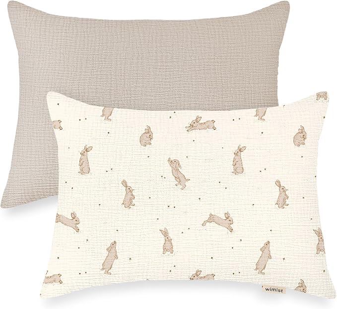 Toddler Pillowcases for 13"x18" Pillow 2 Pack, Muslin Small Toddler Baby Kids Travel Pillow Covers for Boys Girls with Envelope Closure (Rabbit B & Beige, 14 x 20 Inch)