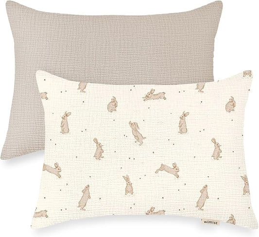 Toddler Pillowcases for 13"x18" Pillow 2 Pack, Muslin Small Toddler Baby Kids Travel Pillow Covers for Boys Girls with Envelope Closure (Rabbit B & Beige, 14 x 20 Inch)