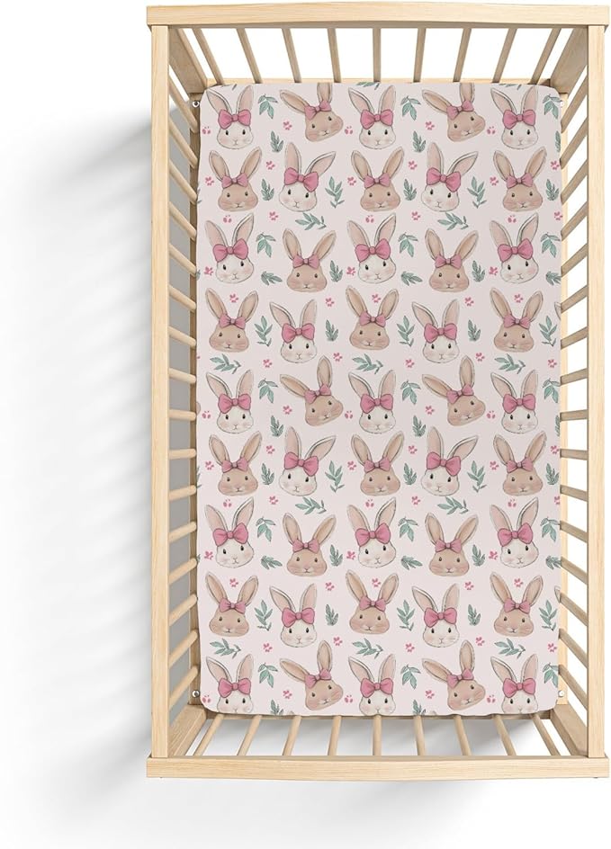 Easter Bunnies Pink Bows Baby Crib Sheets for Boy Girl 52"x28" Cute Rabbit Leaves Soft Stretchy Fitted Crib Mattress Cover Spring Garden Animal Baby Sheet for Standard Crib and Toddler Bed Mattress