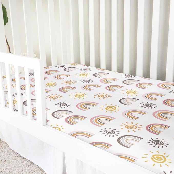 Boho Sunshine Rainbow Baby Crib Sheets 52''x28'' Colorful Rainbow Sun Stretchy Fitted Crib Mattress Cover for Boy Girl Soft Baby Nursery Bed Sheet for Standard Crib and Toddler Mattresses