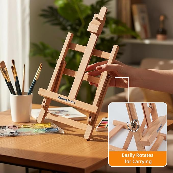 Falling in Art Tabletop Easel Set, Portable Wooden Art Easel Painting Kits for Kids, Easel for Painting Canvases, Including 12 Colors Acrylic Paints, 10 Paintbrushes and 4 Canvas Panels, Yellow