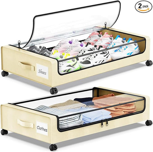 Molutsody Under Bed Storage with Wheels, 2-Pack Underbed Storage Containers with Clear Lids, Under Bed Shoe Storage Organizer, Rolling Under Bed Storage for Clothes Shoes Blankets (Beige)