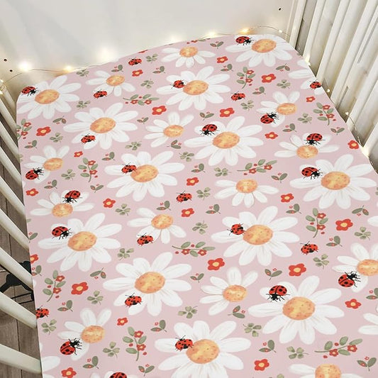 Spring Daisy Floral Baby Crib Sheets for Boy Girl 52x28Inch Boho Wildflower Leaves Soft Stretchy Fitted Crib Mattress Covers Greenery Nursery Baby Sheet for Crib and Toddler Bed Mattresses