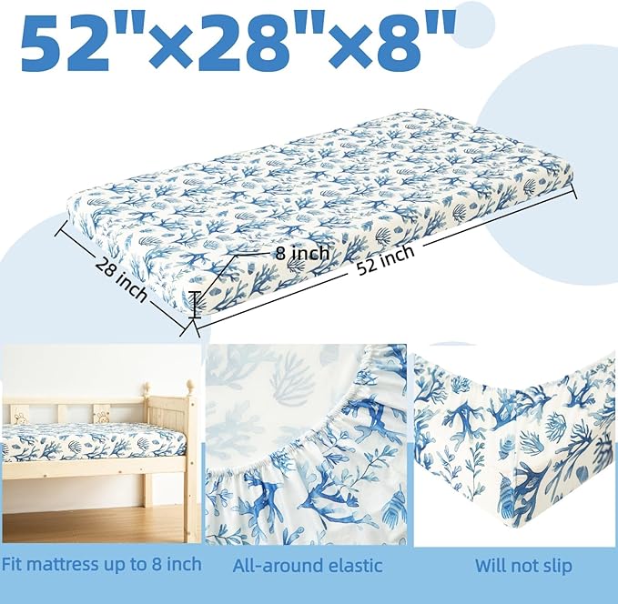 SDIII 2 Pack Ocean Crib Sheets for Boys Girls 52×28 Stretchy Microfiber Jersey Knit Coral Fitted Crib Sheet for Standard Crib and Toddler Mattress