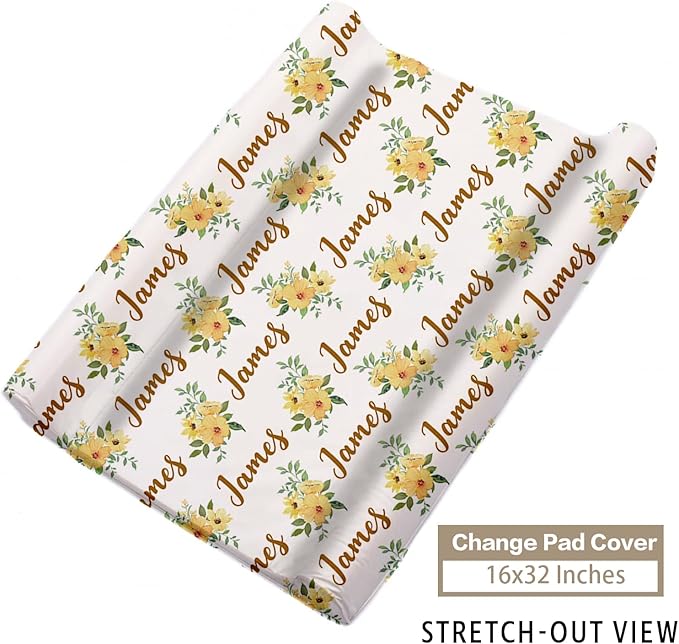 Custom Name Crib Bedding Set 3-Piece – Yellow Flower Highland Cow Design Baby Bedding Set with Personalized Soft Blanket, Fitted Sheet, Changing Pad Cover – Ideal Newborn Gift for Boys and Girls
