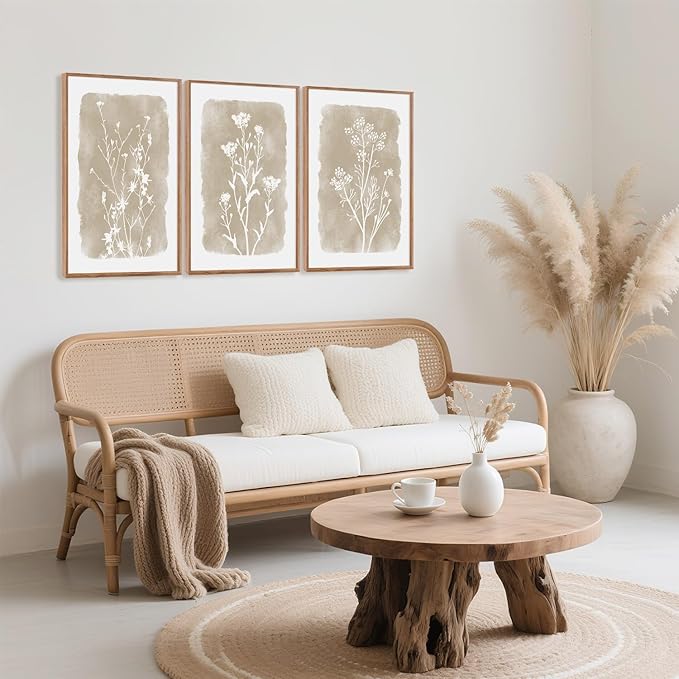 CHDITB Neutral Botanical Wall Art Set of 3, 24"x36" Large Framed Boho Farmhouse Wall Decor, Modern Minimalist Floral Wall Painting, Rustic Wildflower Canvas Art Prints for Living Room, Bedroom