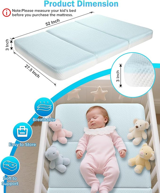 3'' Waterproof Crib Mattress,52x27.5 Inch Trifold Mattress for Toddler Bed,Portable Travel Memory Foam Nap Mat for Baby Infant Kids,Standard Full Size Sleep Mat with Removable Cover