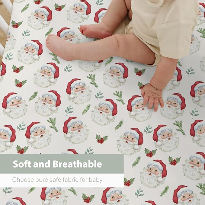 Christmas Santa Claus Baby Crib Sheets for Boy Girl 52"x28" Retro Santa Cherry Fir Leaves Soft Snug Fitted Crib Mattress Cover Winter Holiday Nursery Baby Sheet for Crib & Toddler Bed Mattresses