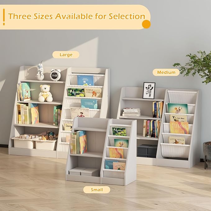 HedoAjim Gray Nursery Bookshelf for Kids 3 Tier Wood Shelf 4 Sling Baby Toddler Bookcase Book Rack with Adjustable Shelf for Boy Girl’s Gift Bedroom Playroom Nursery Classroom Church Kindergarten