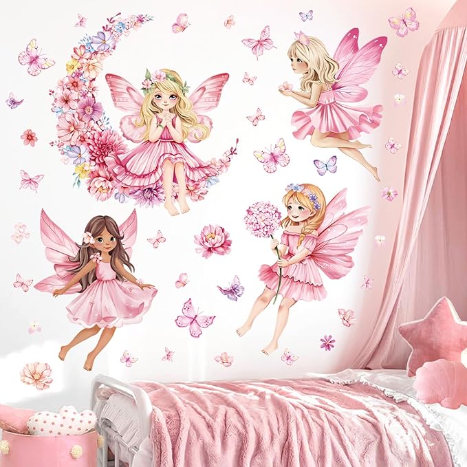 decalmile Pink Fairy Girls Wall Decals Flower Moon Butterfly Wall Stickers Girls Bedroom Baby Nursery Kids Room Wall Decor