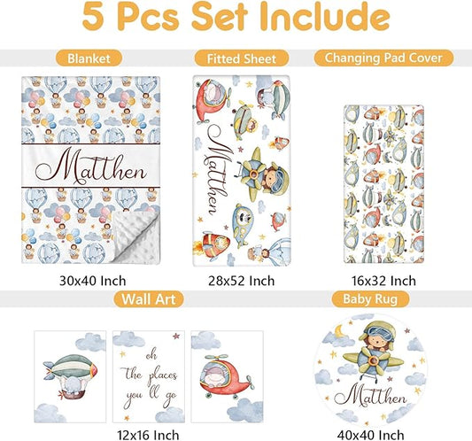 Personalized Crib Bedding Set, 5 Pcs Custom Name Nursery Bedding Set with Double Layer Flannel Blanket, Pilot Animals Baby Crib Set for Boys Girls, Customized Gifts for Toddlers Infants Babies