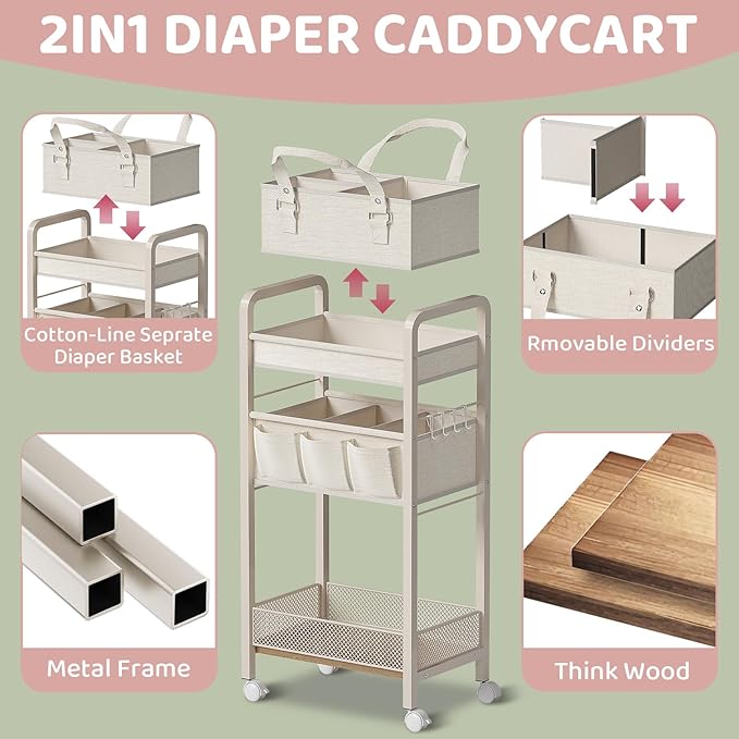 JRANBRJS Baby Diaper Caddy Organizer and Storage,2In1 Baby Cart Organizer-Baby Diaper Caddy+3 Tier Rolling Cart for Baby Nursery,Baby Bedside Cart,Easy Assembly,Beige