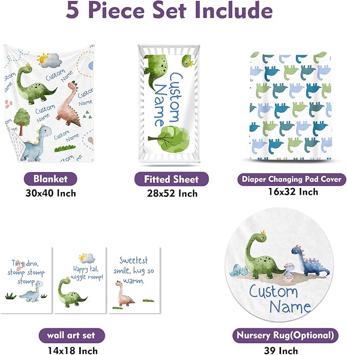 Custom Crib Bedding Set – Personalized Dinosaur Baby Bedding 5-Piece Set with Soft Blanket, Fitted Sheet, Changing Pad Cover, Rug and Wall Art – Fun Dino Nursery Gift for Boys Girls