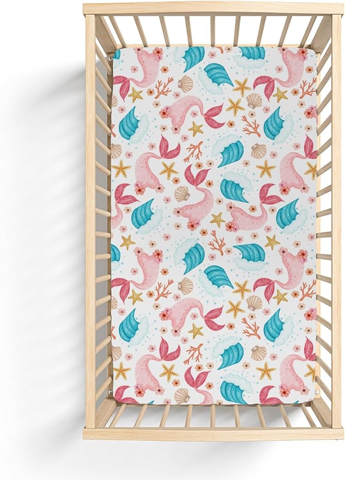 Mermaids Tails Baby Crib Sheets for Boy Girl 52x28Inch Fairytale Fish Floral Waves Starfish Conch Soft Snug Fitted Crib Mattress Cover Summer Beach Baby Sheet for Standard Crib & Toddler Bed Mattress