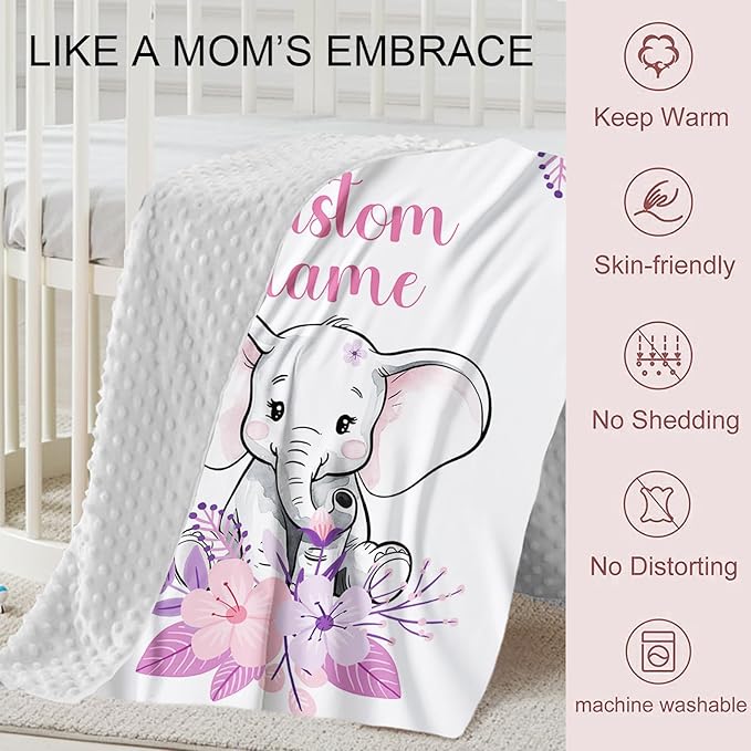 Custom Crib Bedding Set for Infant Babys - 2 Piece Elephant Theme Set with Blanket and Crib Sheet, Personalized Infant Crib Bedding Sets with Name, Newborns Gifts