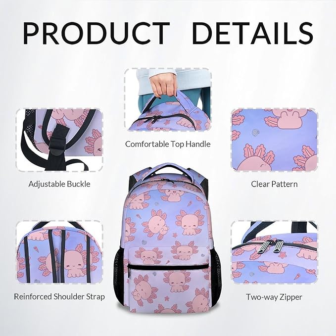 COZYAURA Girls Backpack - 17 Inch Large Capacity Axolotl Bookbag - Lightweight Kids' Backpacks for Elementary, Preschool & Travel