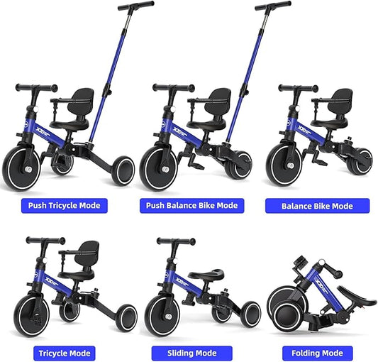 XJD Toddler Bike, 6 in 1 Folding Toddler Tricycle for 1-4 Year Old with Parental Control Handle, Balance Bike with Removable Pedal, Backrest, Adjustable Seat, First Birthday Gifts (Blue)