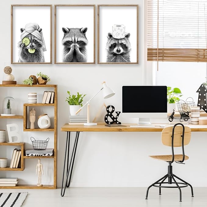 Funny Raccoon Bathroom Wall Decor Art 16x11 Inch Set of 3 Fun Bathroom Modern above the Bathtub Sign Rustic Restroom Farmhouse Cute Washroom Animal Prints Wood Framed Wall Hanging (Wood)