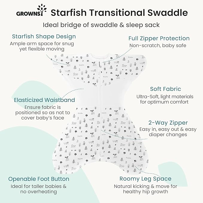 GROWNSY Transitional Swaddle Sleep Sack 3-6 Months,Cotton Starfish Design Baby Swaddle Sack, Dual-Zipper for Easy Diaper Changes, Proper Hip Development & Openable Foot Button,12-20lbs,Munchkin Forest