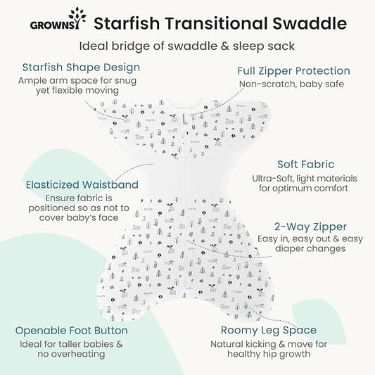 GROWNSY Transitional Swaddle Sleep Sack 3-6 Months,Cotton Starfish Design Baby Swaddle Sack, Dual-Zipper for Easy Diaper Changes, Proper Hip Development & Openable Foot Button,12-20lbs,Munchkin Forest