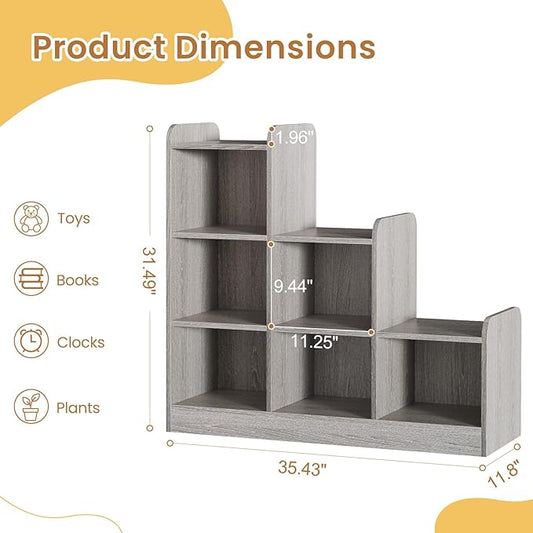 Derfullo Book Shelf, 6-Cube Toy Organizers and Storage, Small Open Floor Montessori Bookcase for Kids Room, Bedroom and Playroom, 35.4" W x 11.8" D x 31.5" H, Grey