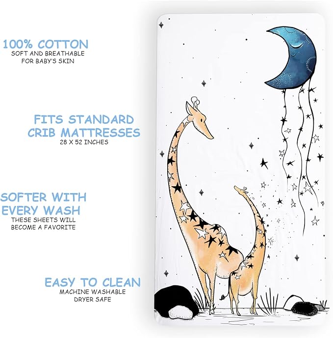 JumpOff Jo - Fitted Crib Sheet, Super Soft Breathable 100% Cotton Baby Crib Sheet for Standard Crib Mattresses and Toddler Beds, 28 in. x 52 in. - Giraffe and a Calf