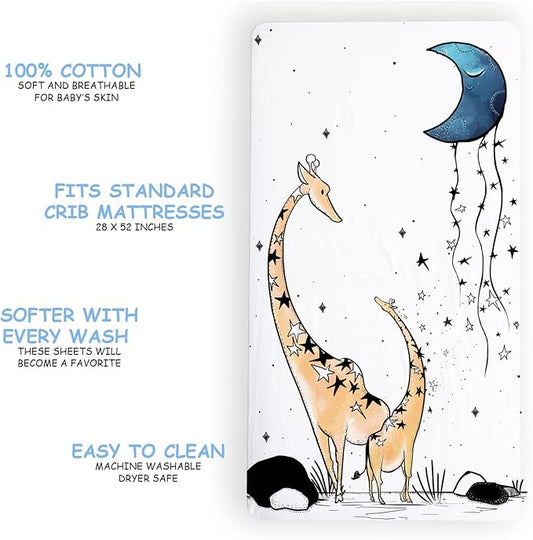 JumpOff Jo - Fitted Crib Sheet, Super Soft Breathable 100% Cotton Baby Crib Sheet for Standard Crib Mattresses and Toddler Beds, 28 in. x 52 in. - Giraffe and a Calf