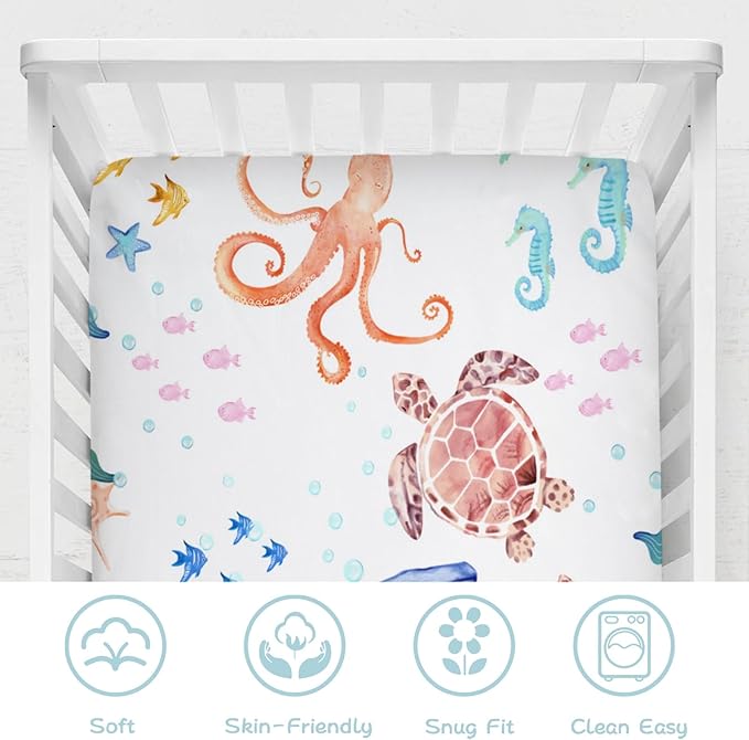 Ocean Animals Corals Sea Weeds Baby Crib Sheet 52''x28'' Colorful Nautical Life Fitted Crib Mattress Covers for Boy Girl Nursery Toddler Baby Bed Sheet Fits Standard Crib Toddler Mattress