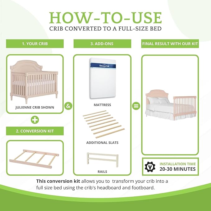 Full-Size Conversion Kit Bed Rails for Evolur Cribs - Solid Wood Crib Convertible Kit to Kids Bed - Transitional Style Rails & Easy-to-Install Child Essentials for Safety (Pink Satin)